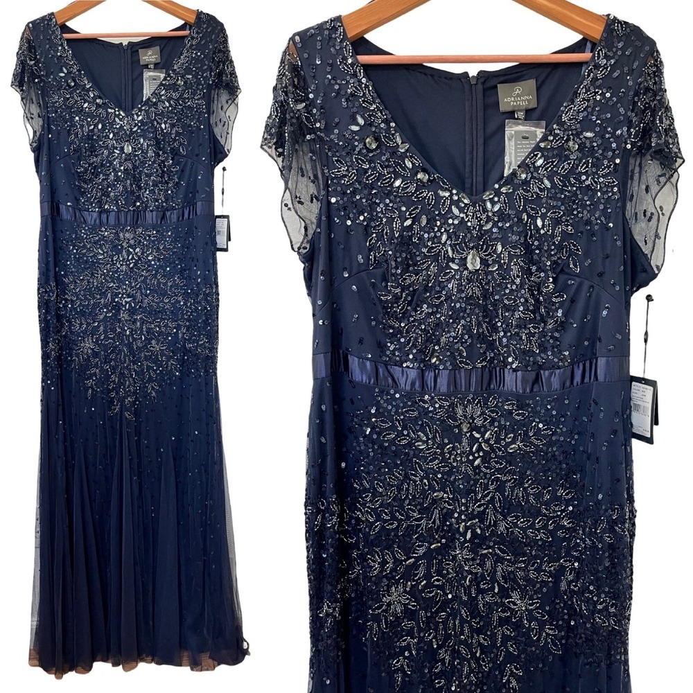 Adrianna Papell Beaded Long V-Neck Blouson Gown Plus Size 20W Navy Wedding Guest